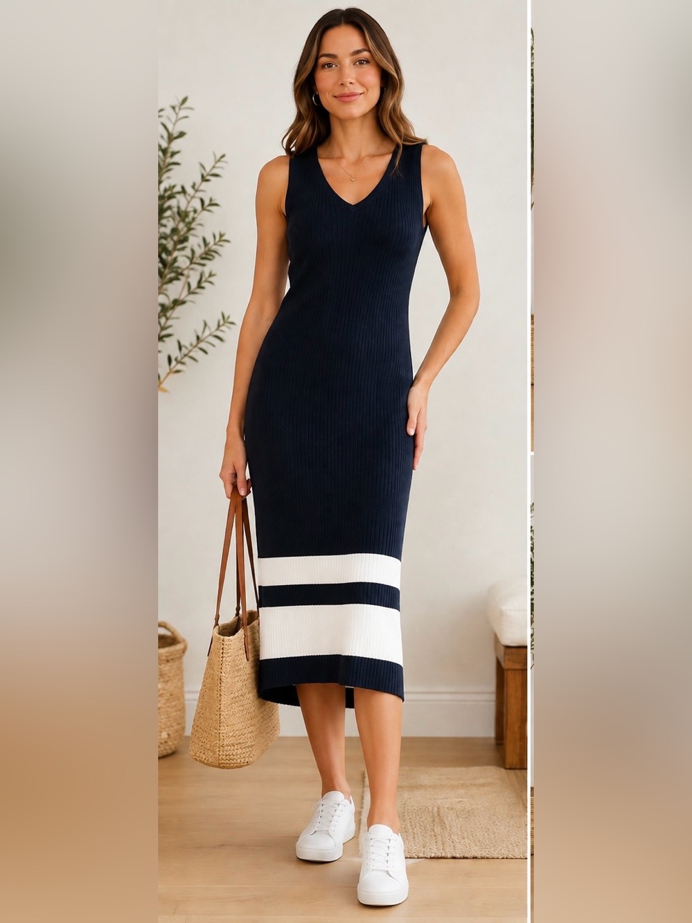 Tommy Hilfiger Ribbed Knit V Neck Colorblock Midi Dress Like New Small